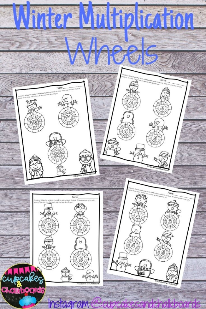 A winter-themed worksheet showing three-digit multiplication problems with snowflake decorations and a snowy background