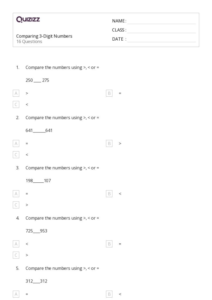 Quick assessment tool for evaluating student comprehension of three-digit number comparisons in elementary math Second grade math worksheet showing comparison problems with three-digit numbers using greater than, less than, and equal to symbols