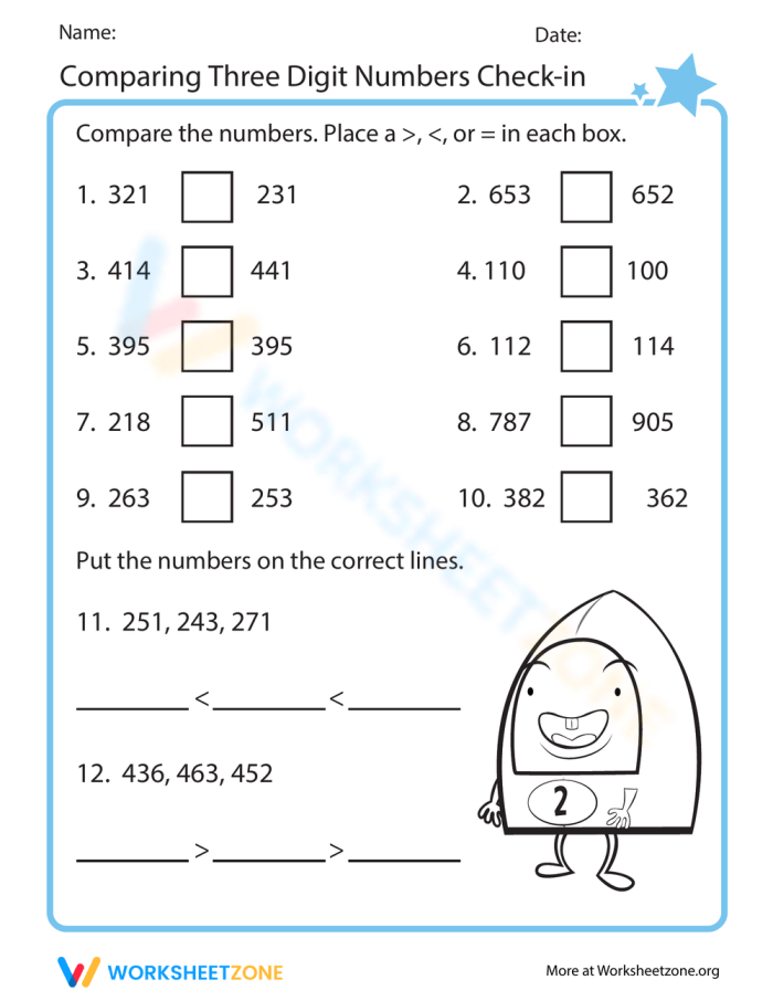Quick check-in activity for evaluating student comprehension of three digit number comparisons in second grade mathematics Second grade students comparing three digit numbers using greater than, less than, and equal to symbols on a math assessment worksheet