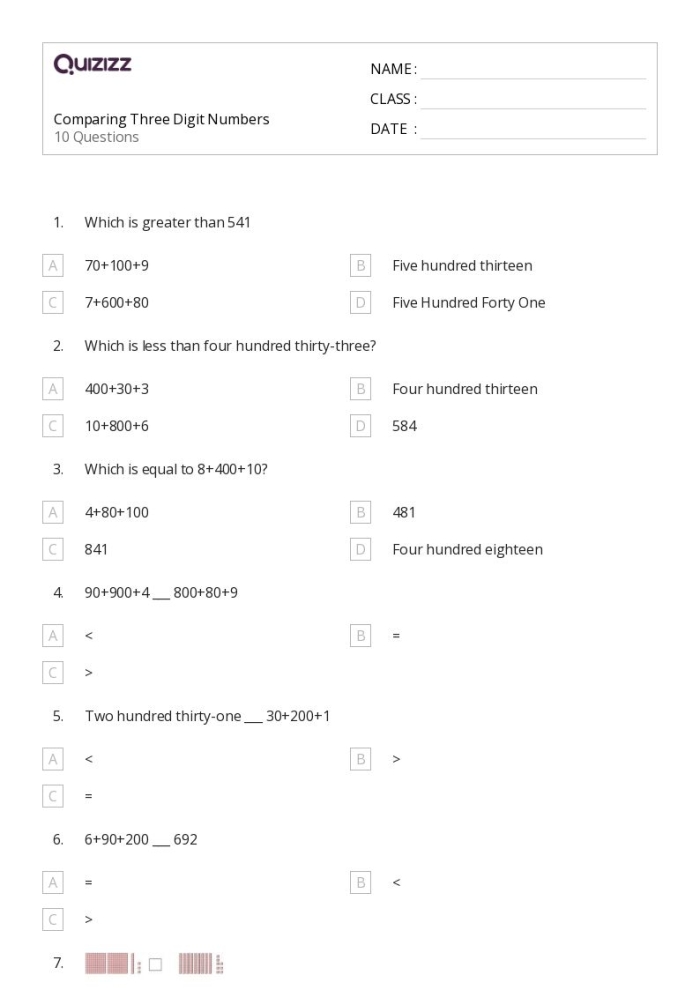 Quick assessment check-in for comparing three-digit numbers in elementary mathematics Second grade math worksheet showing comparison problems with three-digit numbers using greater than, less than, and equal to symbols