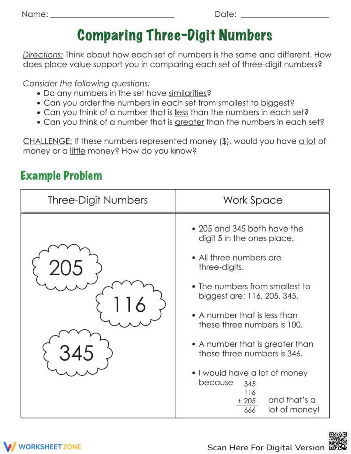 Quick assessment activity for evaluating student comprehension of comparing three-digit numbers in second grade mathematics Second grade math worksheet showing comparison problems with three-digit numbers using greater than, less than, and equal to symbols