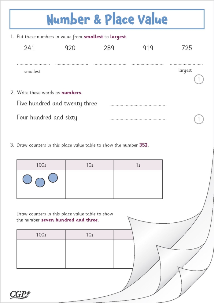 Third grade student working on a three-digit place value assessment worksheet with columns for ones tens and hundreds