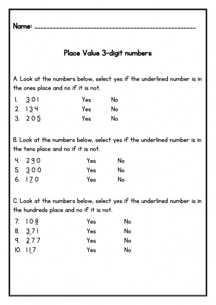 Third grade student completing a math worksheet on three-digit place value for number 11