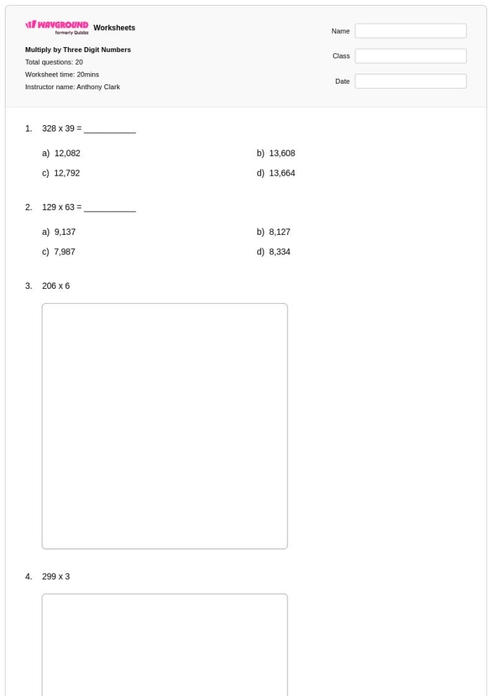 Second grade student completing a math worksheet about three-digit place value