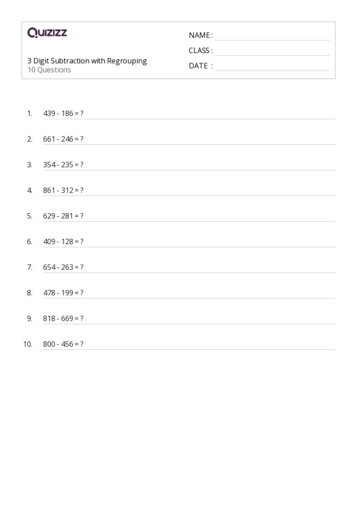 Worksheet for practicing 3-digit subtraction with regrouping, ideal for 3rd-grade students Three-digit subtraction worksheet featuring problems that require regrouping for third graders