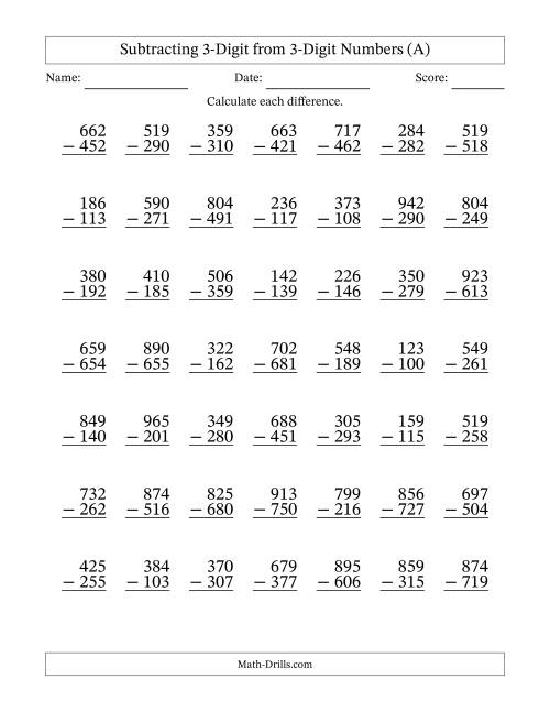 Worksheet featuring three-digit subtraction problems for third graders
