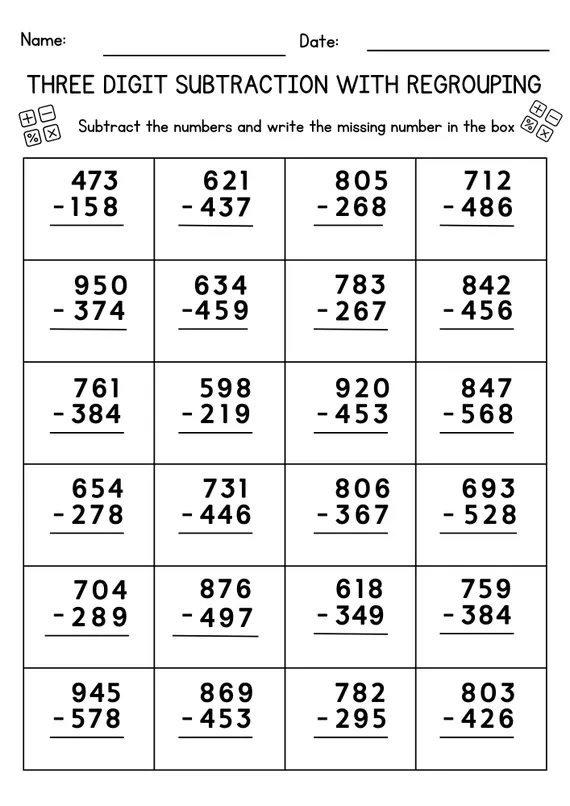 Third grade math worksheet featuring several three-digit subtraction problems for extra practice