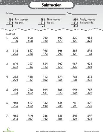 Third grade math worksheet featuring several three-digit subtraction problems for extra practice