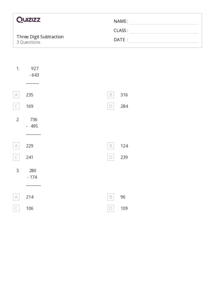 Three-Digit Subtraction Practice Worksheet 8 Second grade student completing a math worksheet with three-digit subtraction problems