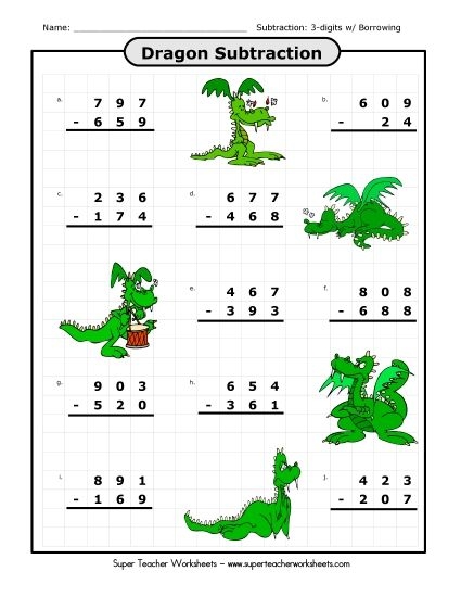 Third grade math worksheet featuring several three-digit subtraction practice problems