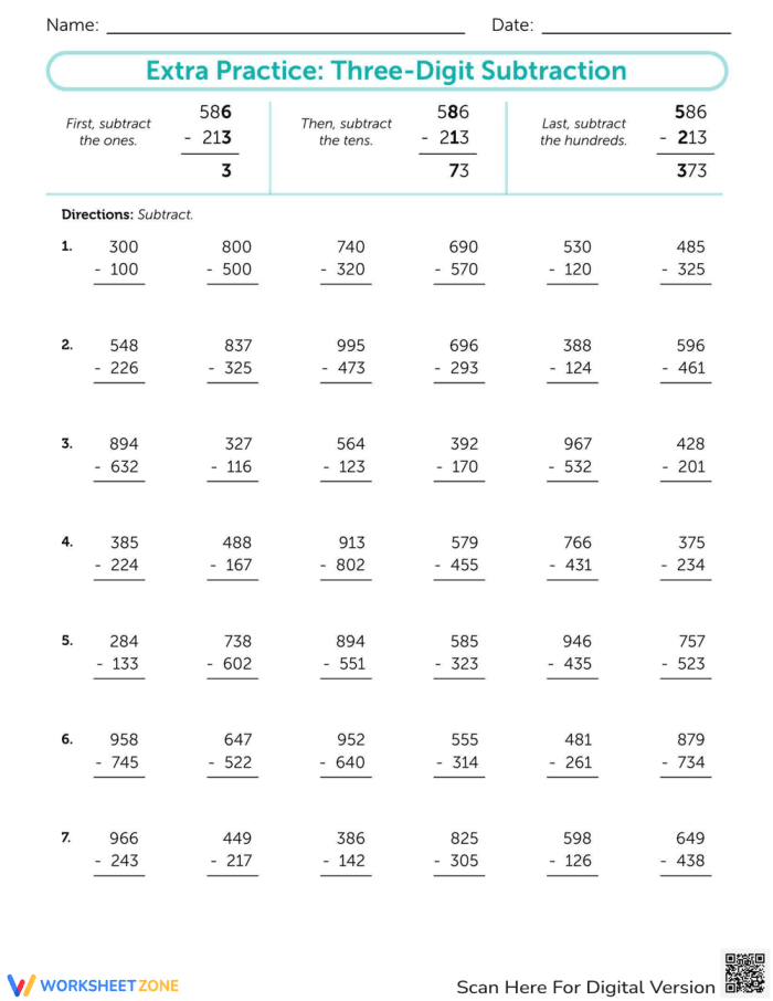 Review Three-Digit Subtraction Worksheet for Grade 2 Number 18 Second grade student working on a three-digit subtraction worksheet with math problems