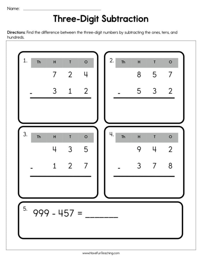Engaging review worksheet for mastering three-digit subtraction concepts in grade two Three-digit subtraction worksheet designed for second graders to enhance their skills