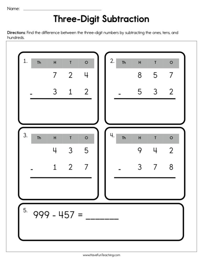 Three-Digit Subtraction Strategies Worksheet, Part 1 Worksheet featuring three-digit subtraction problems for practice