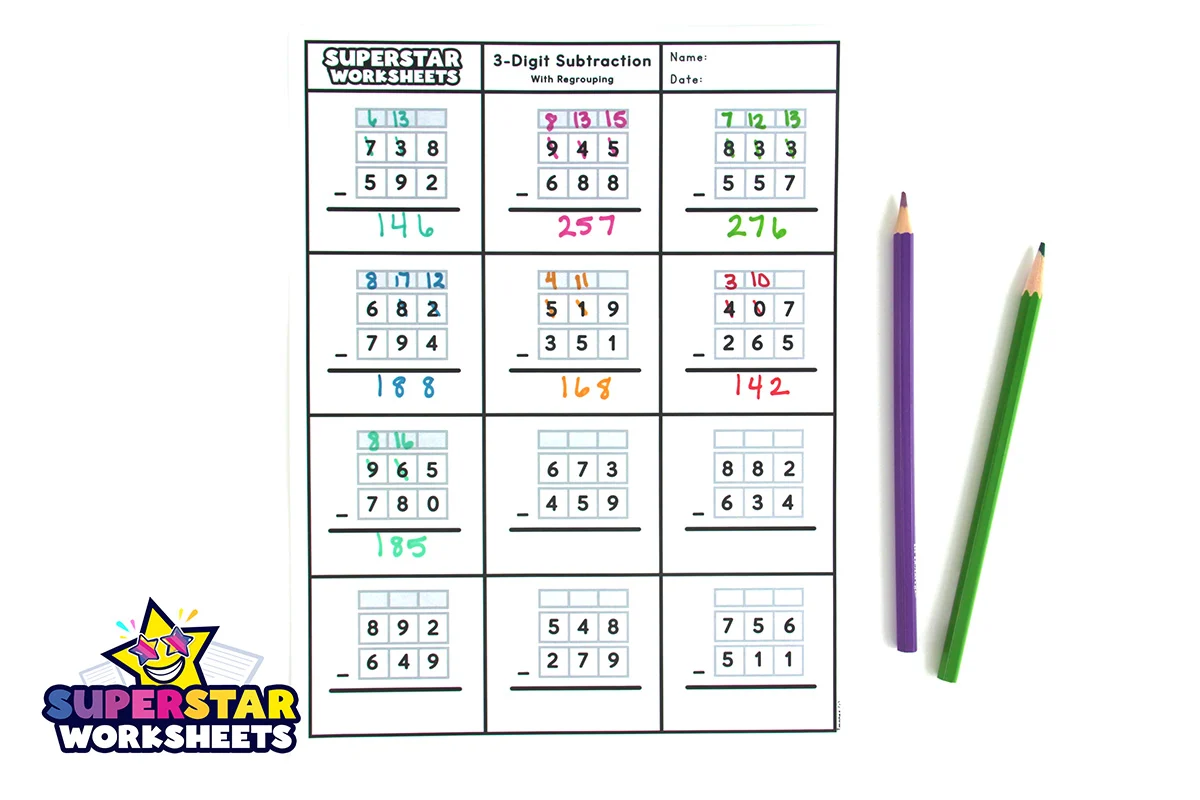 Three-Digit Subtraction, Part 1 worksheet for division practice. Worksheet for practicing three-digit subtraction strategies for third graders.