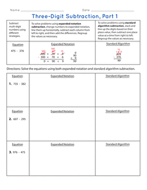 Three-Digit Subtraction Part 1 Worksheet Image 24 Three-digit subtraction worksheet for third graders focusing on two problem-solving strategies