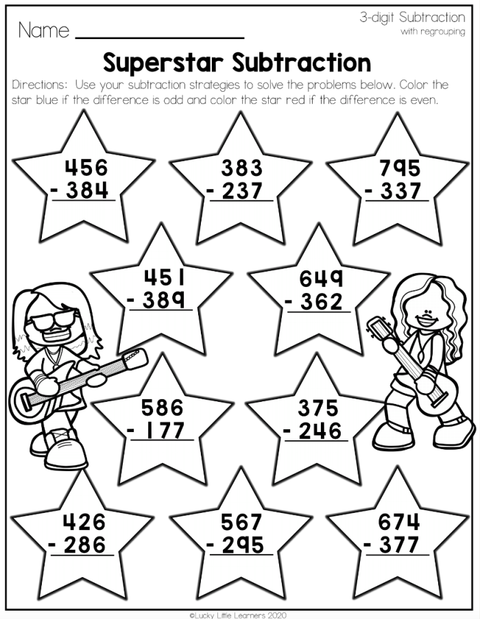 Three-Digit Subtraction, Part 1 worksheet for grade 3 students Worksheet for practicing three-digit subtraction strategies in third grade