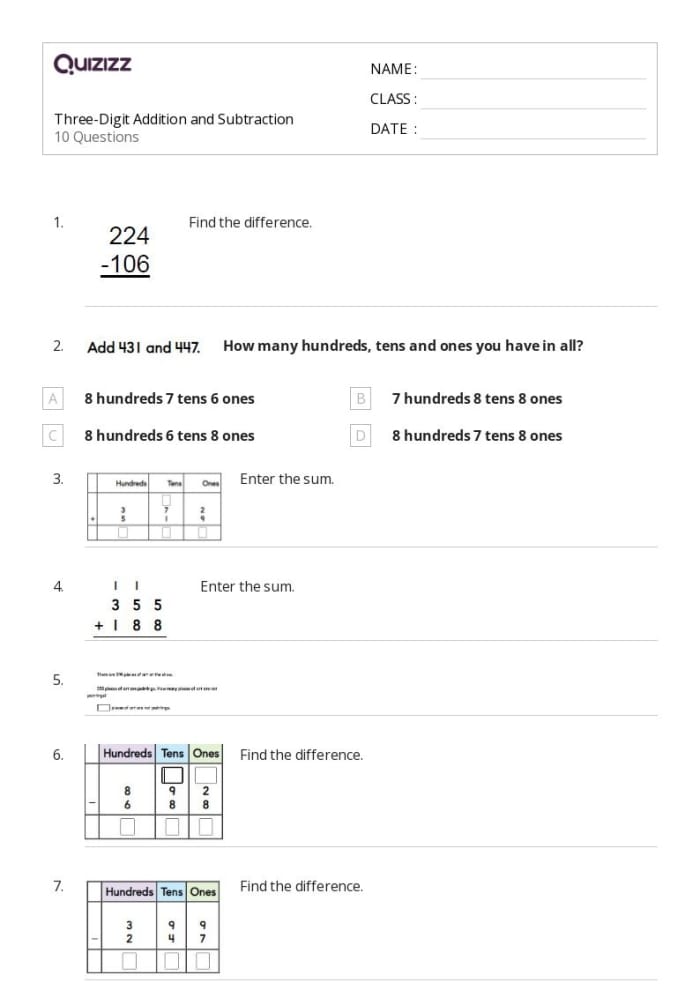 Engaging review worksheet for mastering three-digit subtraction skills Worksheet featuring three-digit subtraction exercises for second graders