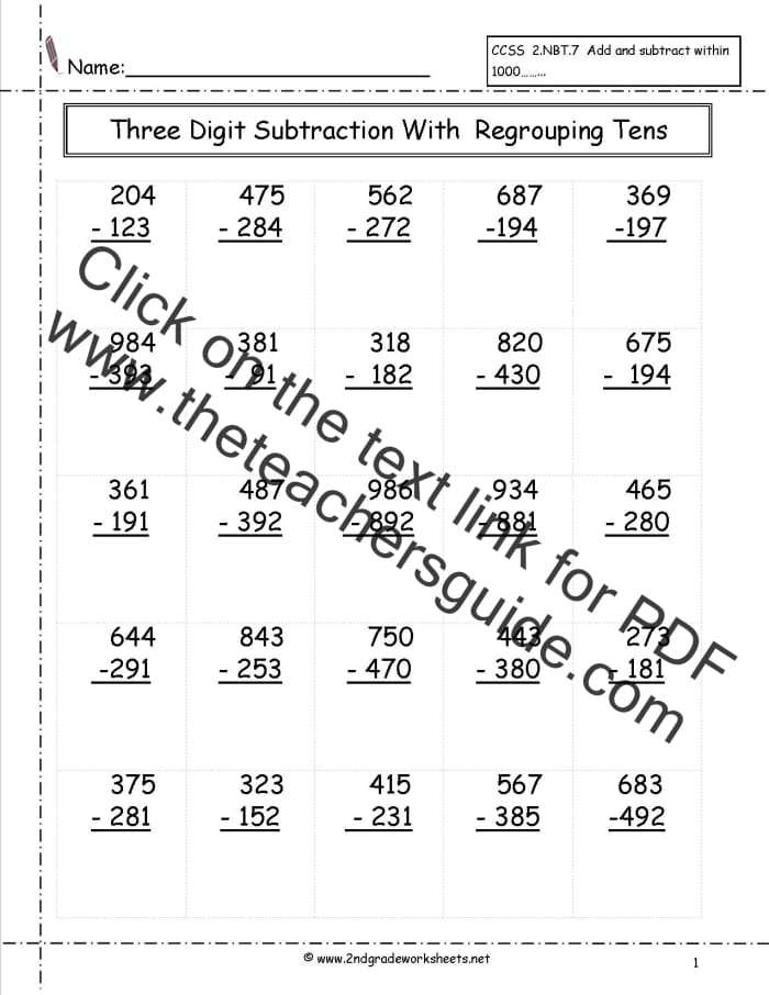 Three-Digit Subtraction Practice Worksheets