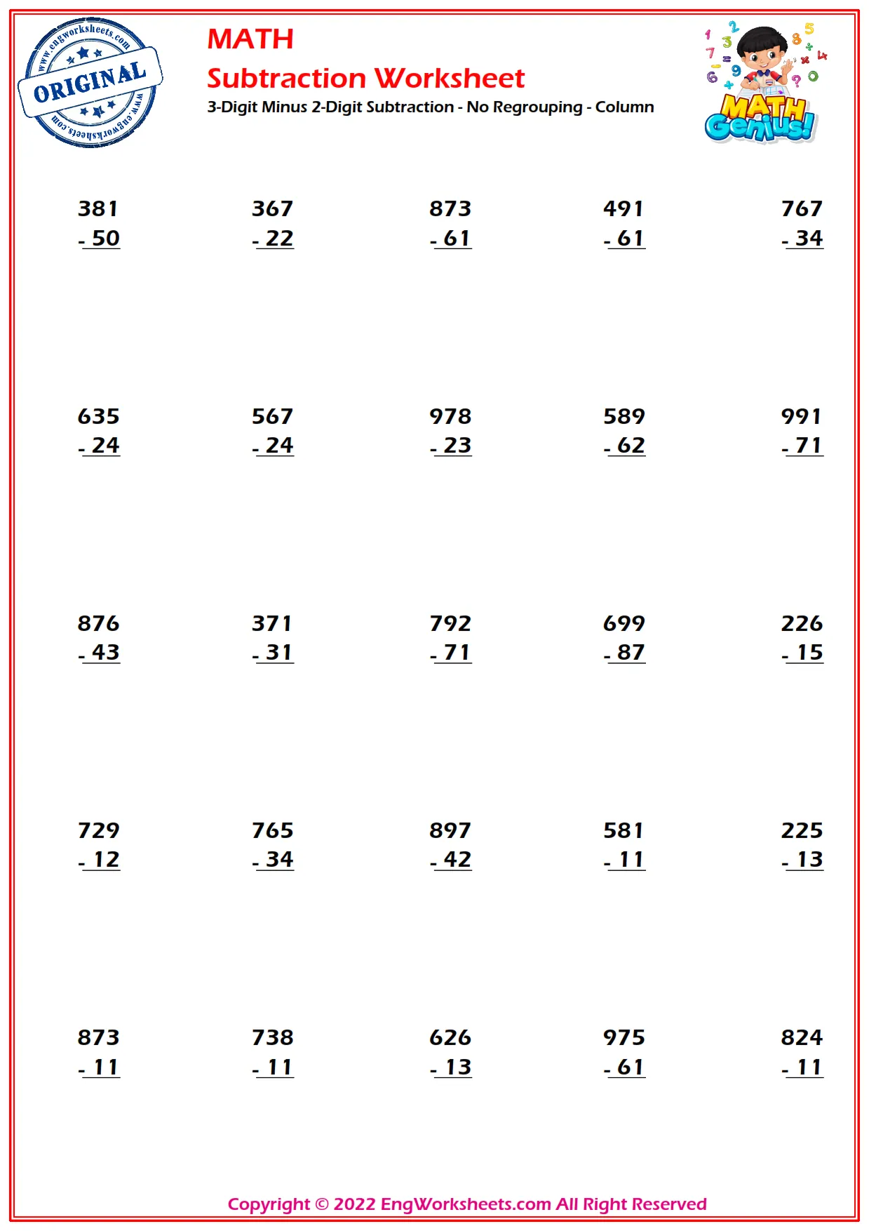Three-Digit Subtraction Practice, Part 1 Worksheet Image 4 Worksheet for practicing three-digit subtraction strategies for third graders