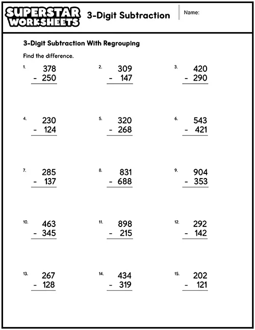 Worksheet for mastering three-digit subtraction, Part 1 for third-grade students Three-digit subtraction practice worksheet for third graders, focusing on two strategies