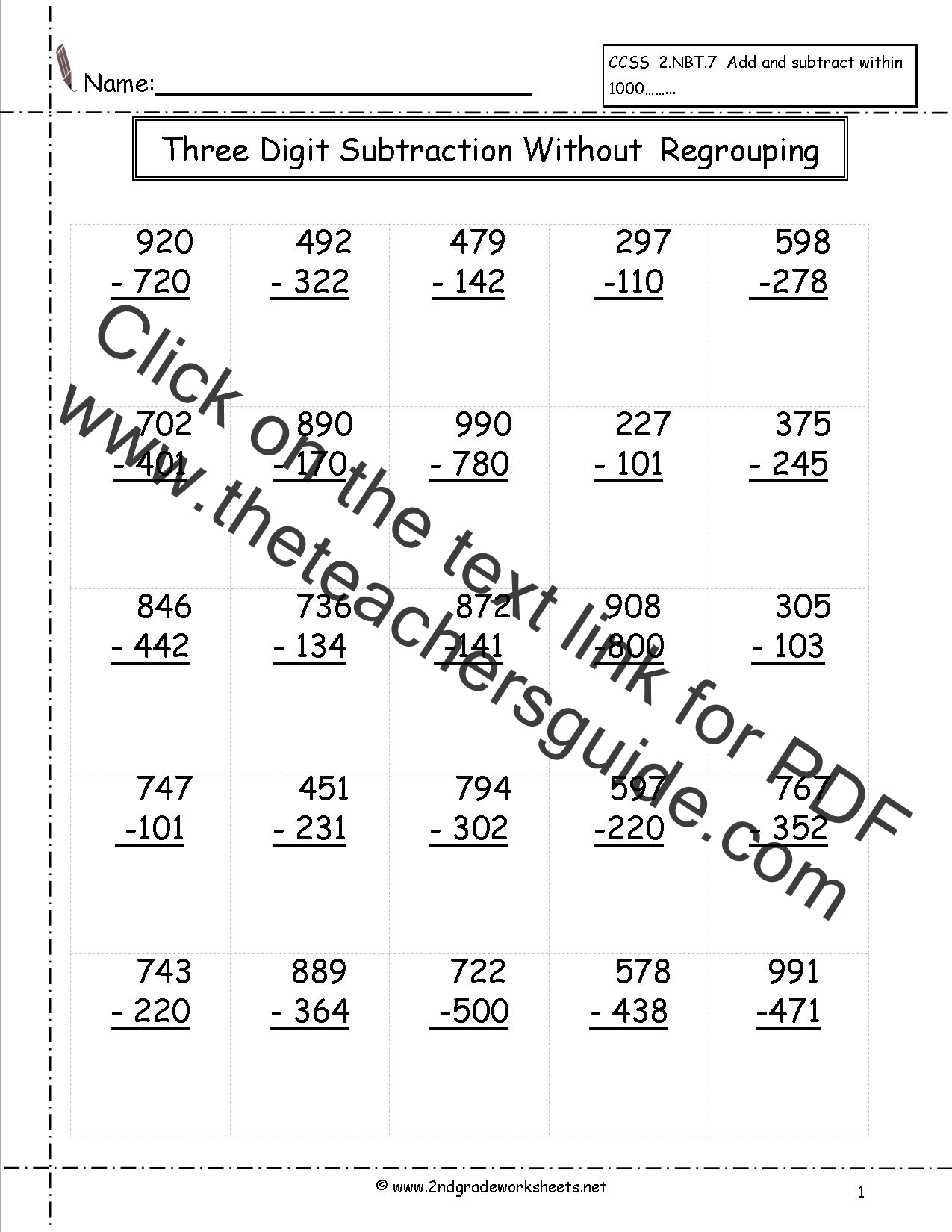Three-Digit Subtraction, Part 1 worksheet for mastering subtraction strategies Worksheet featuring three-digit subtraction practice for third graders