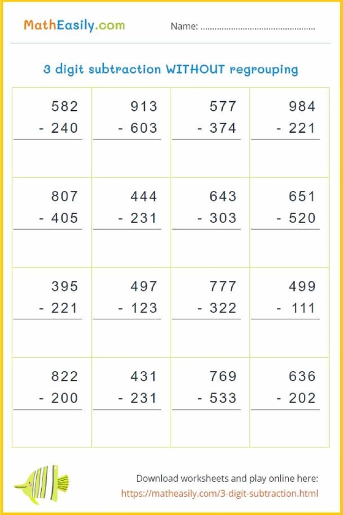 Three-Digit Subtraction Part 1 Worksheet for Third Grade Worksheet featuring three-digit subtraction practice strategies for third graders