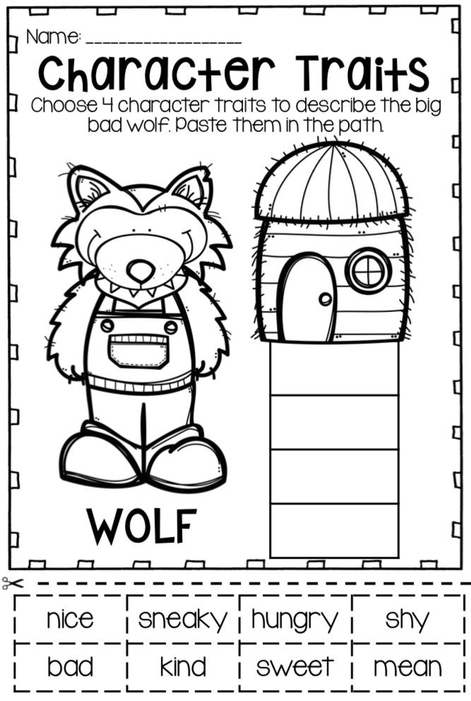 Worksheet featuring character study activities for The Three Little Pigs story