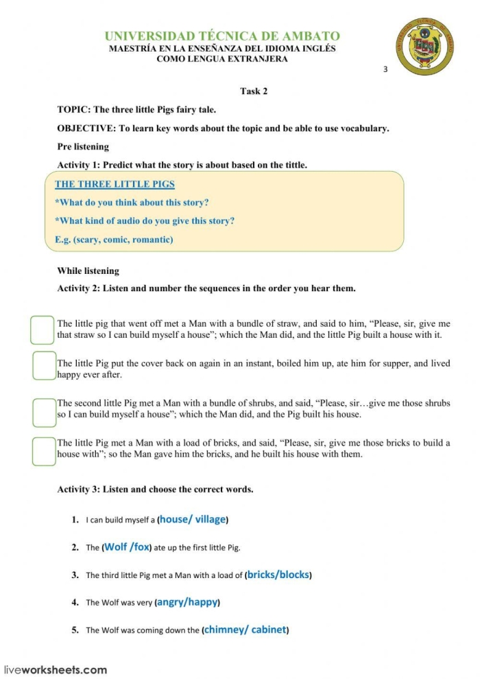 Character study worksheet for The Three Little Pigs story focusing on second-grade comprehension skills
