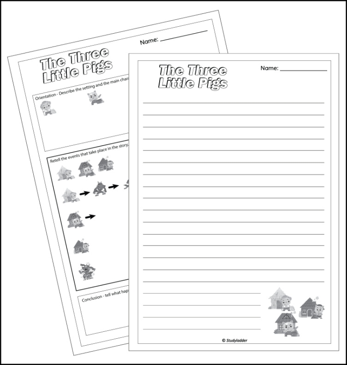 Character study worksheet for The Three Little Pigs focusing on comprehension and character analysis