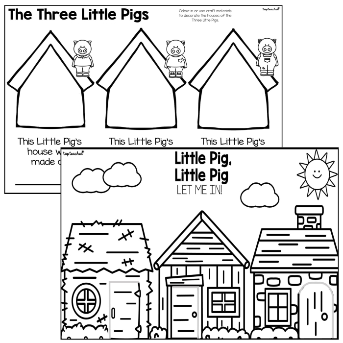 Worksheet featuring character study activities for The Three Little Pigs story
