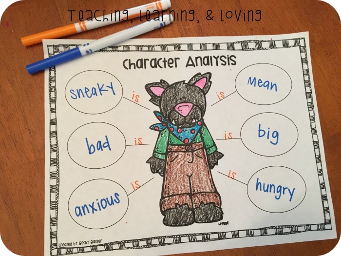 Character study worksheet for The Three Little Pigs focusing on reading comprehension skills