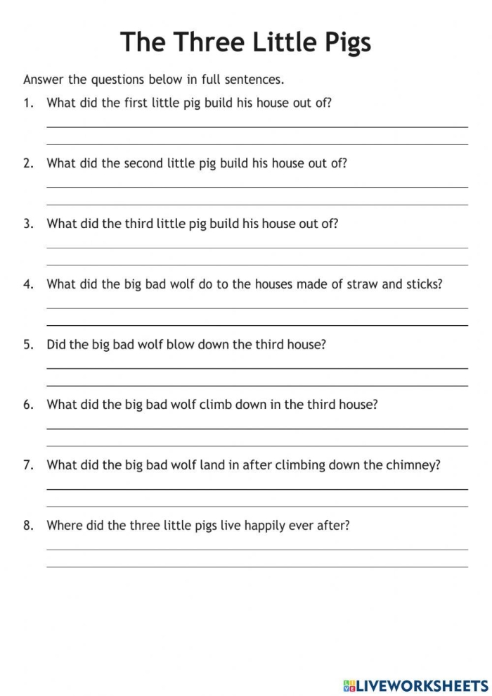 Character study worksheet for The Three Little Pigs, designed for second graders to enhance reading comprehension. Engaging illustration for students exploring characters in The Three Little Pigs story.