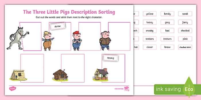 Worksheet featuring a character study on The Three Little Pigs for second graders