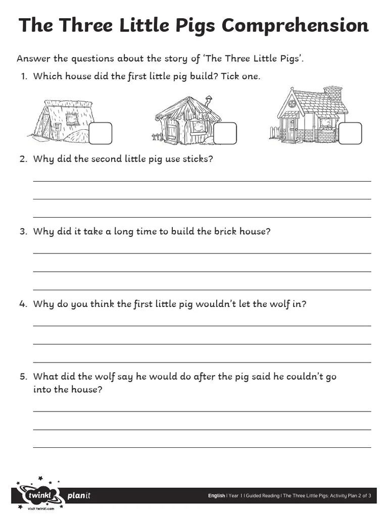 Character study worksheet featuring The Three Little Pigs for second graders