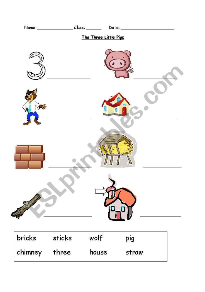 Kindergarten spelling worksheet featuring The Three Little Pigs story and cut-out finger puppets