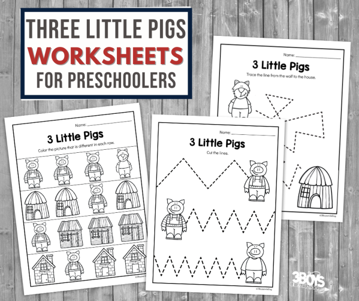 Charming illustration of the Three Little Pigs story with finger puppets for retelling