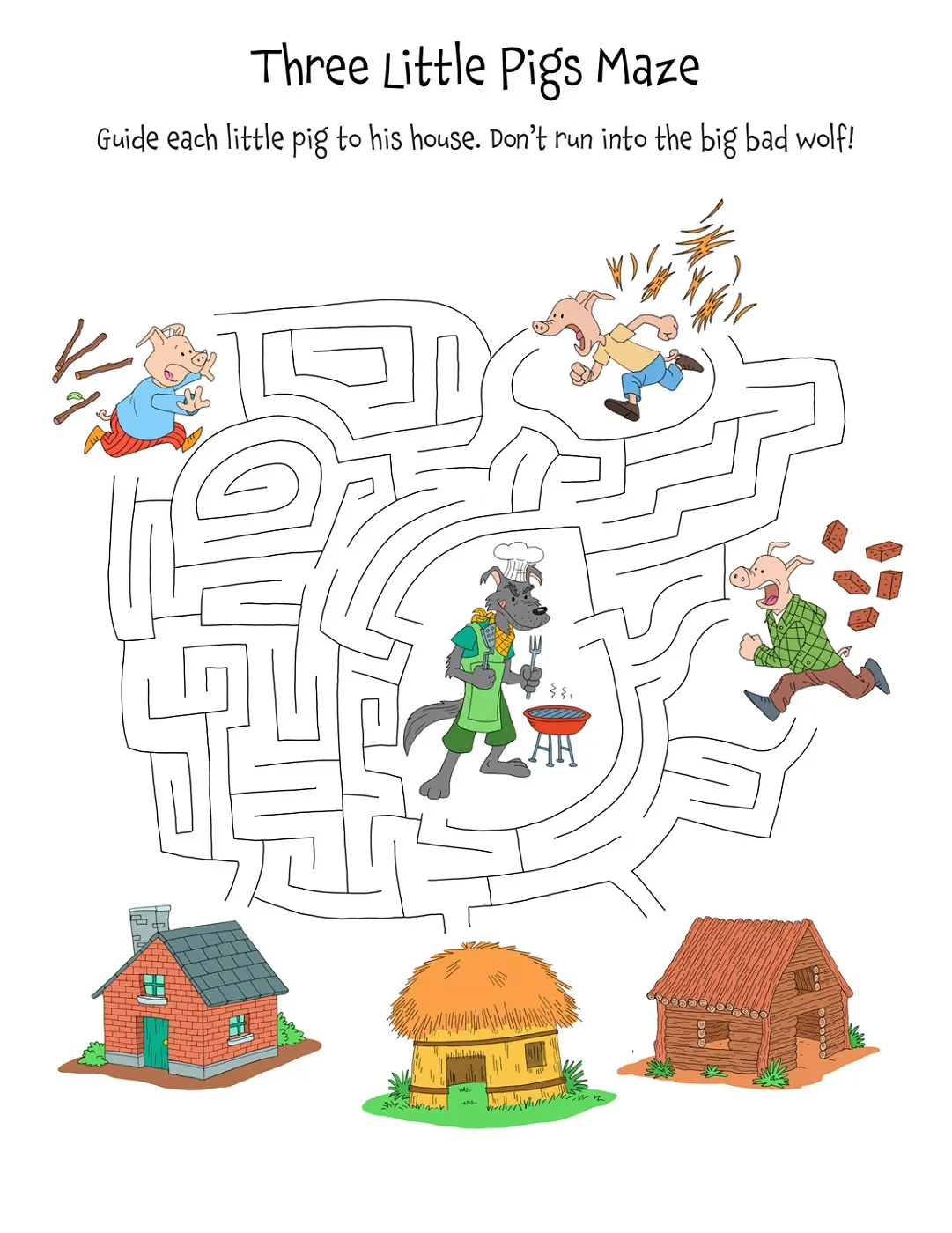 Colorful illustration of "The Three Little Pigs" worksheet with finger puppets for retelling the story