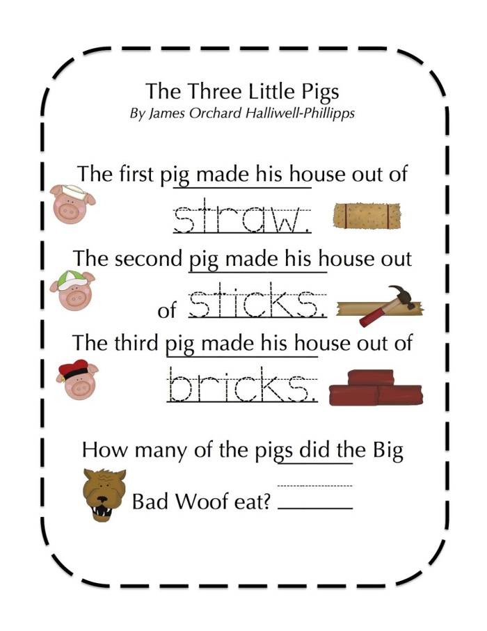 Worksheet featuring the story of "The Three Little Pigs" with finger puppets for retelling