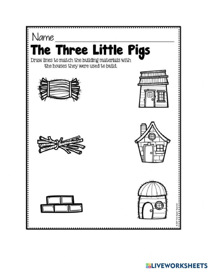 Kindergarten Three Little Pigs spelling worksheet with illustrated story and finger puppets