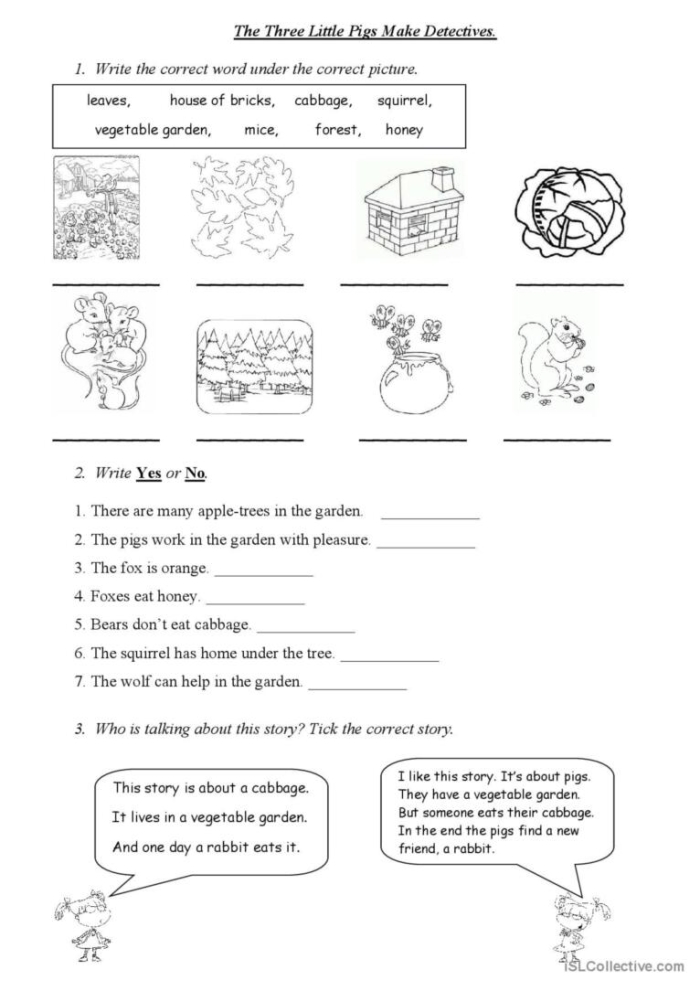Kindergarten worksheet with The Three Little Pigs story and paper finger puppets for spelling practice