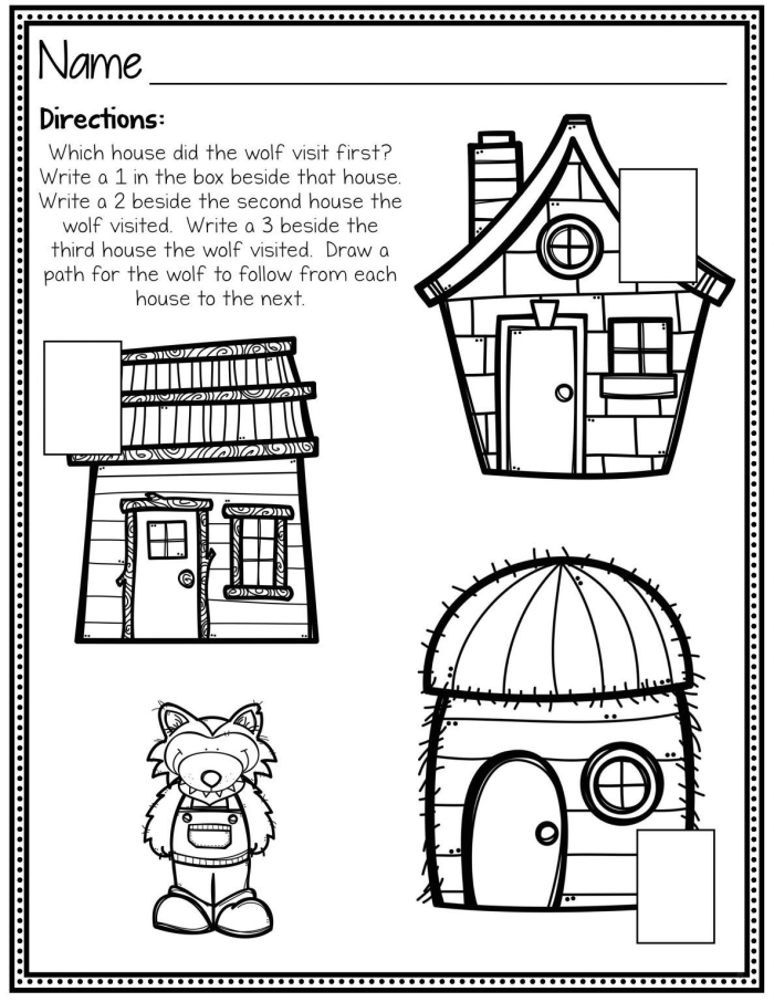 Colorful illustration of the Three Little Pigs story and finger puppets for retelling. Engaging worksheet for kindergarten spelling activities featuring the Three Little Pigs.