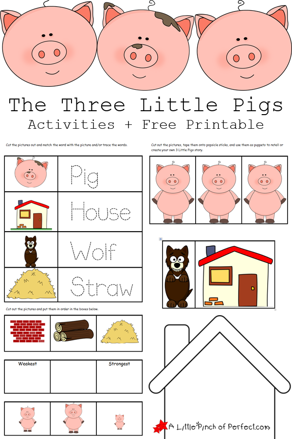 Kindergarten spelling worksheet featuring The Three Little Pigs story and finger puppets for lesson 11