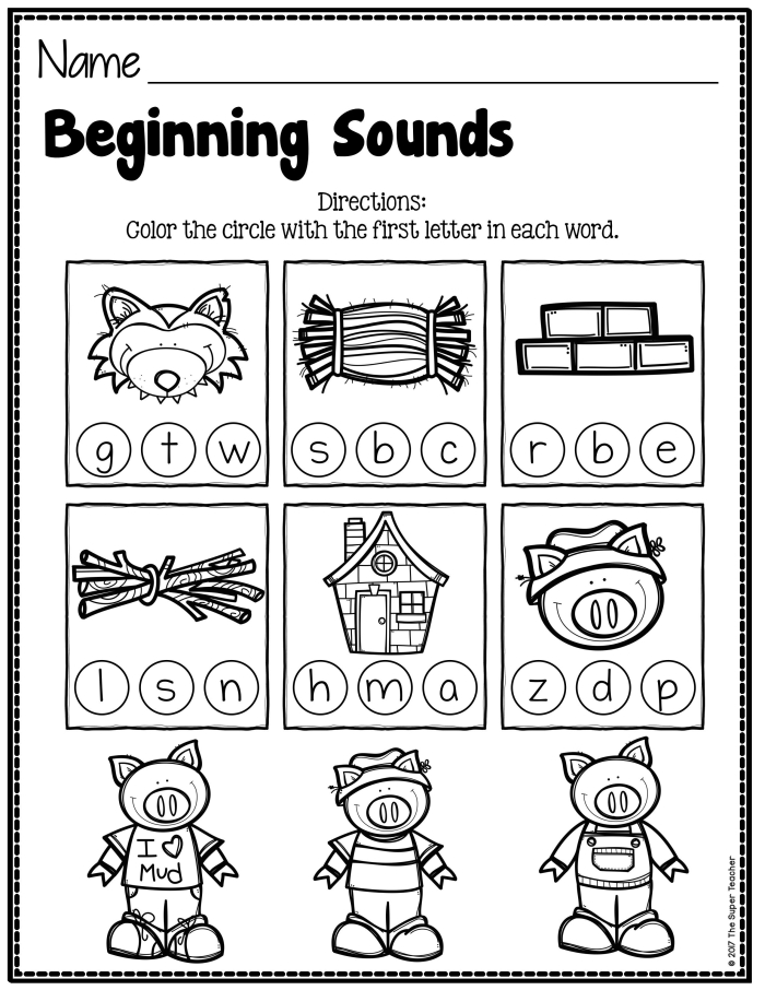 Colorful illustration of "The Three Little Pigs" worksheet for kindergarten spelling activities