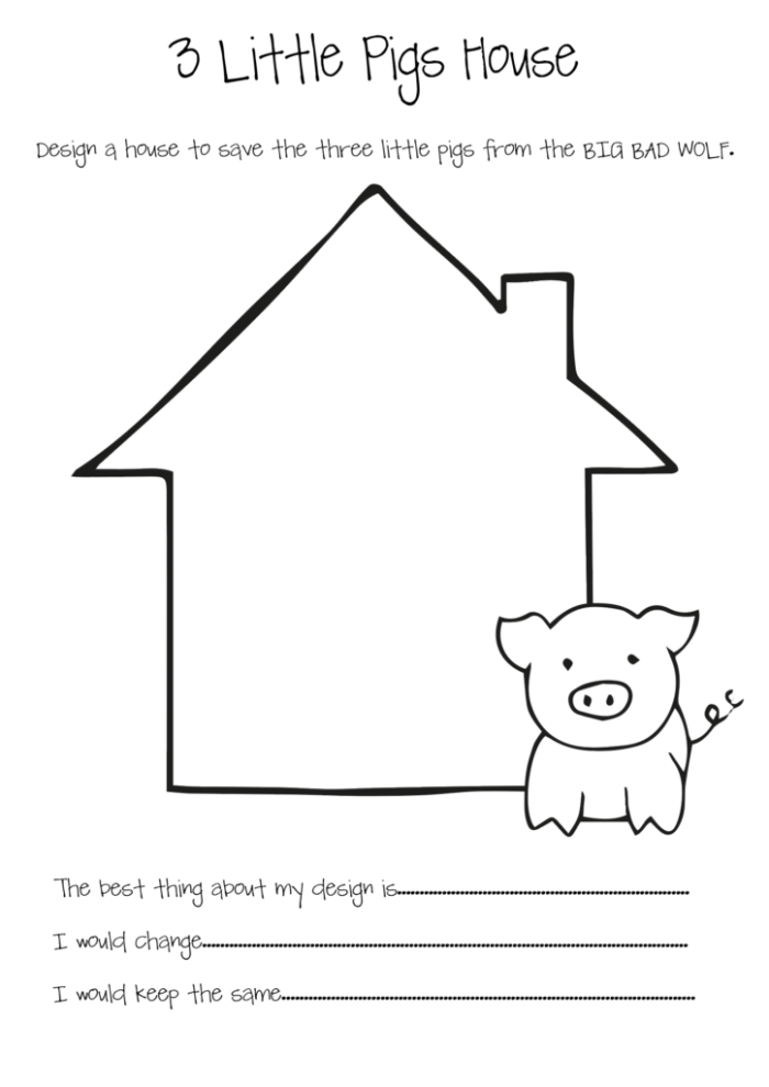 Colorful illustration of "The Three Little Pigs" worksheet with finger puppets for storytelling