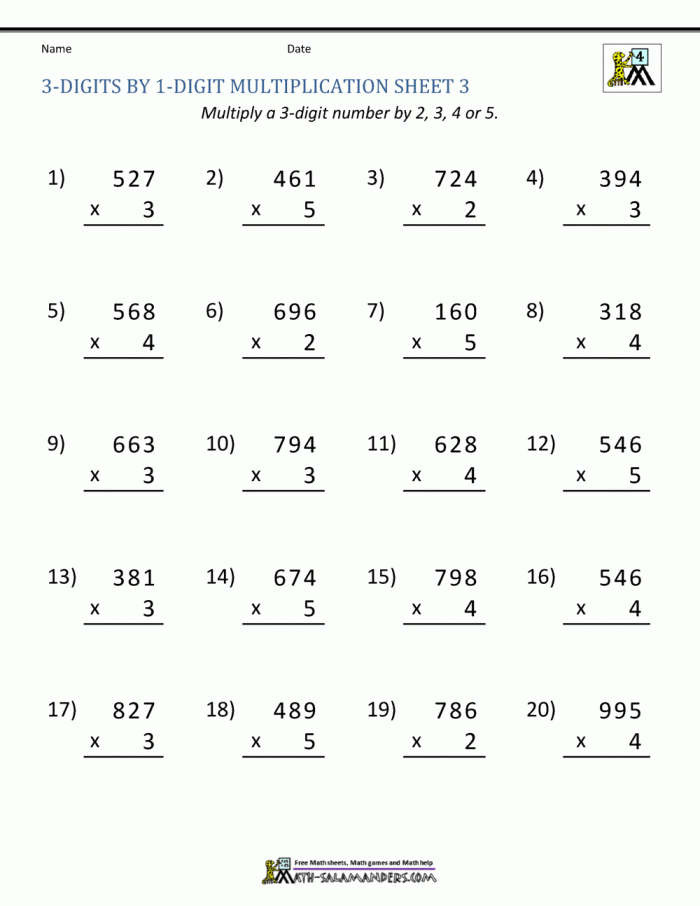 Worksheet featuring three methods to multiply two-digit numbers for fourth graders