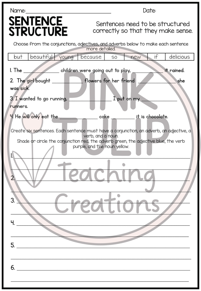 Phonics worksheet for Fourth Grade Worksheet featuring three sentence structures for fourth graders to enhance their writing skills. Three Sentence Structures Worksheet for Phonics - Image 14.