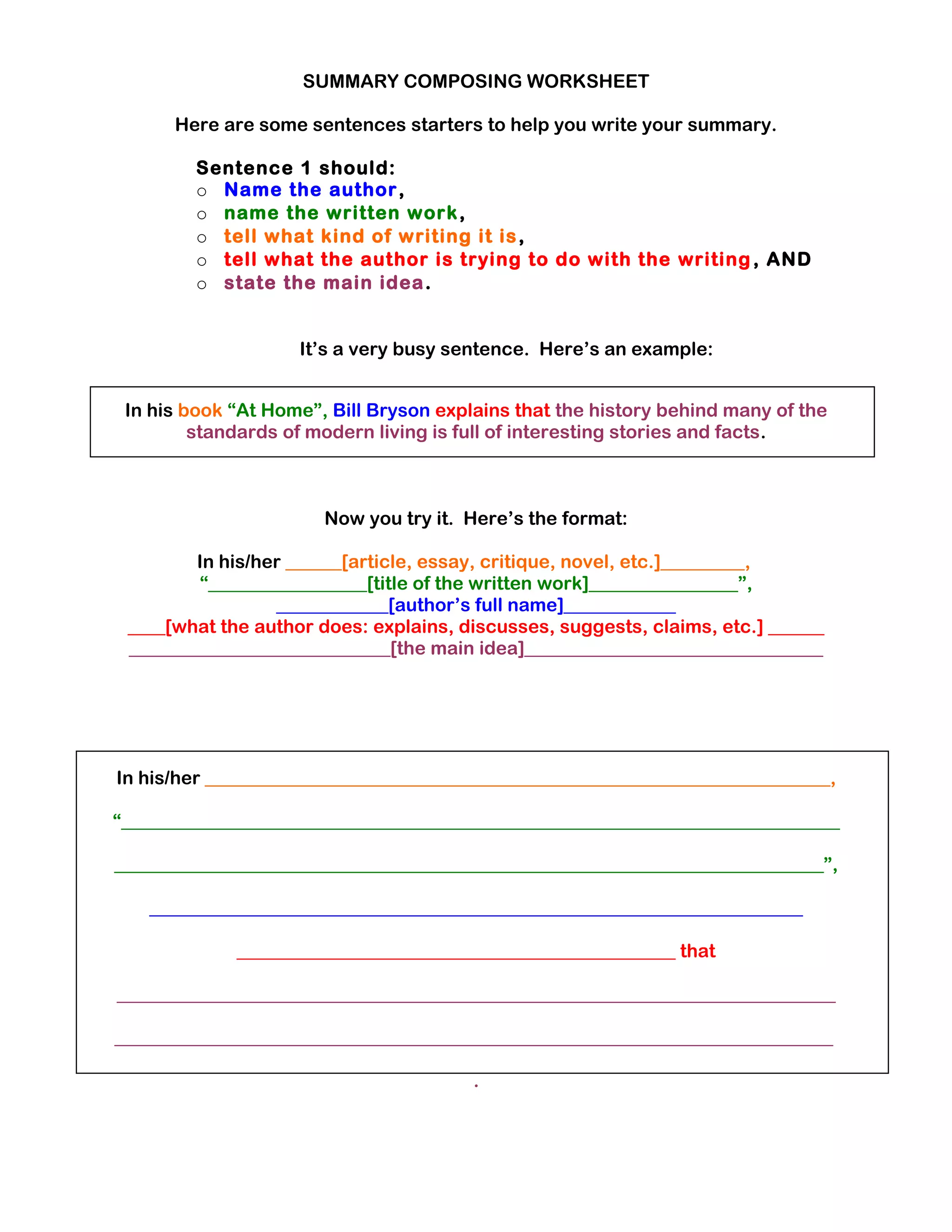 Three Sentence Summary Worksheet for Grammar and Mechanics Worksheet for mastering three sentence summaries with keywords for fourth graders