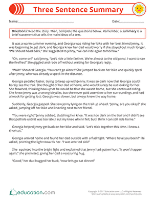 Three Sentence Summary worksheet for reading comprehension practice Worksheet for mastering summarization skills with keywords for fourth graders