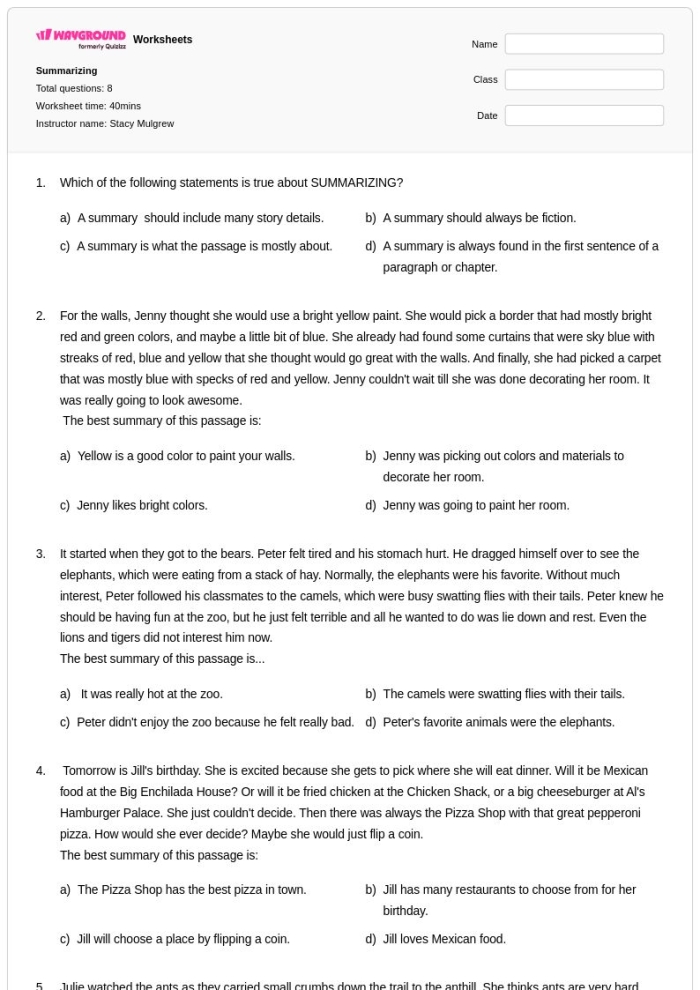 Engaging reading comprehension worksheet for mastering keyword summaries Three Sentence Summary worksheet designed for fourth graders to enhance summarizing skills