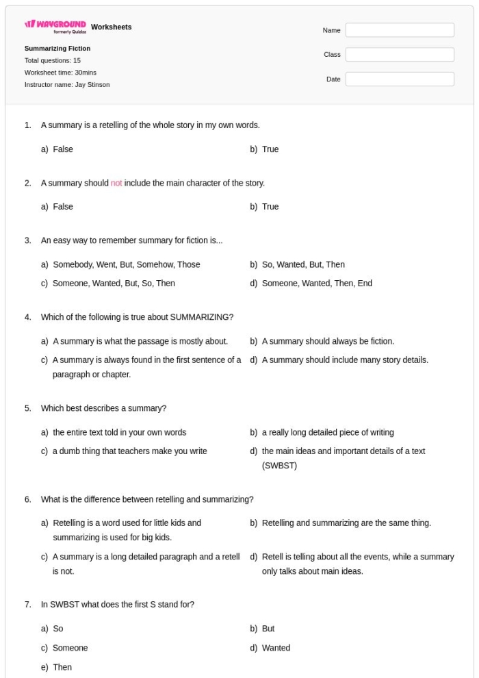 Worksheet image illustrating a reading comprehension exercise focused on keywords Three Sentence Summary worksheet designed for fourth graders to enhance summarization skills